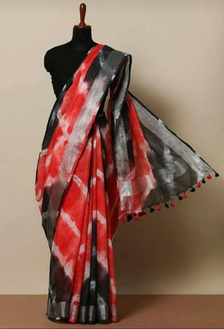 Red & Black Colored Khadi Linen Saree With Shibori Work - Designer mart