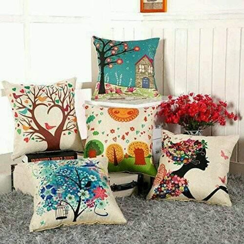 Set of 5 Abstract Decorative Hand Made Jute Cushion Covers - (Multicolor, 16 x 16 Inch) - Designer mart