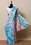 Sky Blue & Pink Colored Khadi Linen Saree With Shibori Work - Designer mart
