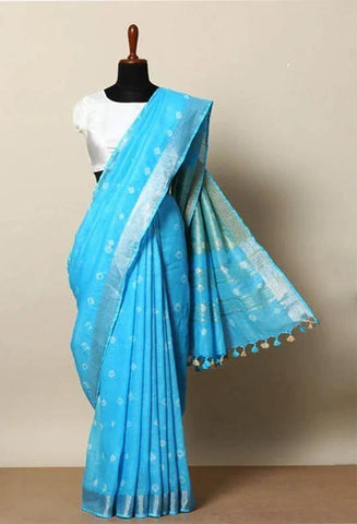 Sky Blue Colored Khadi Linen Saree With Shibori Work - Designer mart