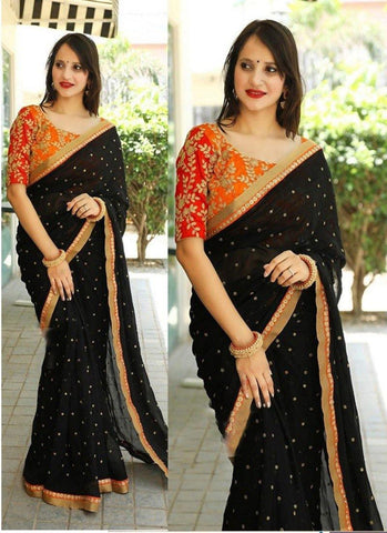 Vibrant Orange And Black Georgette Saree With Blouse - Designer mart