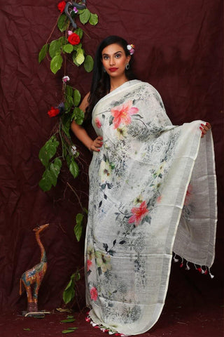 White Color Floral Digital Printed Linen Women Dupatta - Designer mart