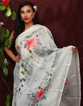 White Color Floral Digital Printed Linen Women Dupatta - Designer mart
