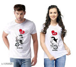 White Cotton Blend Round Neck Printed Couple T-Shirts for Men & Women - Designer mart