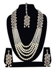 White Crystal Kundan Pearl Long Mala Necklace Set with Earrings and Maang Tikka - Designer mart