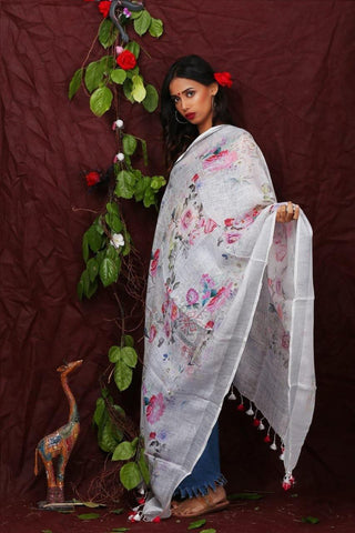White Floral Digital Printed Linen Women Dupatta - Designer mart