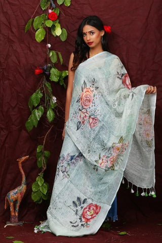 White Floral Digital Printed Linen Women Dupatta - Designer mart