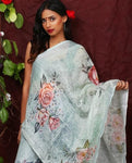 White Floral Digital Printed Linen Women Dupatta - Designer mart