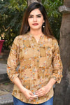 Women's Brown Floral Regular Fit 3/4 Sleeve Top - Designer mart