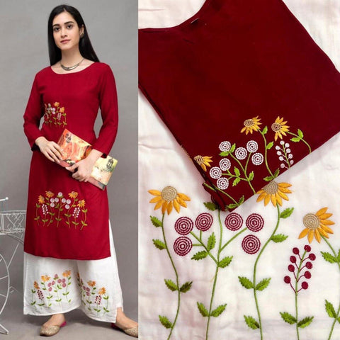 Women's Embroided Rayon Kurti With Chikankari Plazo - Designer mart