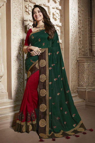 Women's Green & Maroon Vichitra Silk Saree - Designer mart
