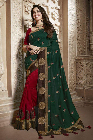 Women's Green & Maroon Vichitra Silk Saree - Designer mart