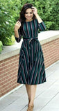 Women's Green With Black And White Striped A-line Dress - Designer mart