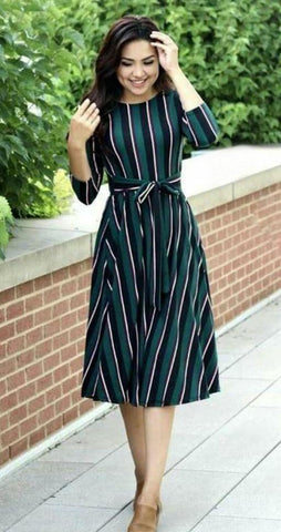 Women's Green With Black And White Striped A-line Dress - Designer mart
