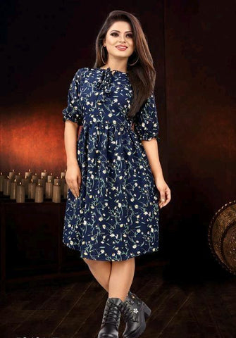 Women's Knee Length Navy Blue Casual Floral Dress - Designer mart