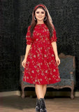 Women's Knee Length Red Casual Floral Dress - Designer mart