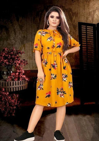 Women's Knee Length Yellow Casual Floral Dress - Designer mart