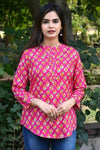 Women's Pink Floral Regular Fit 3/4 Sleeve Top - Designer mart
