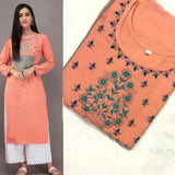 Women's Rayon Slub Fabric Kurti With Chikankari Plazo - Designer mart