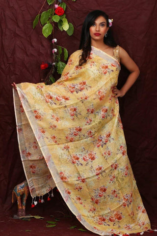 Yellow Digital Floral Printed Linen Women Dupatta - Designer mart