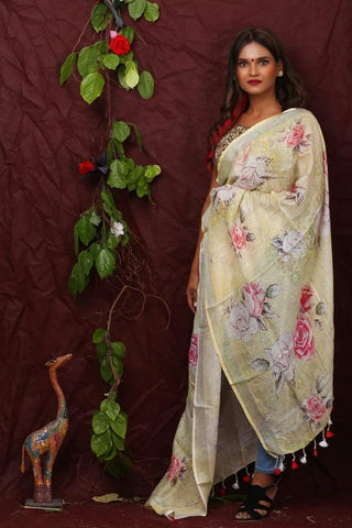 Yellow Floral Digital Printed Linen Women Dupatta - Designer mart