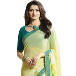 Yellow Square Printed Georgette Saree - Designer mart